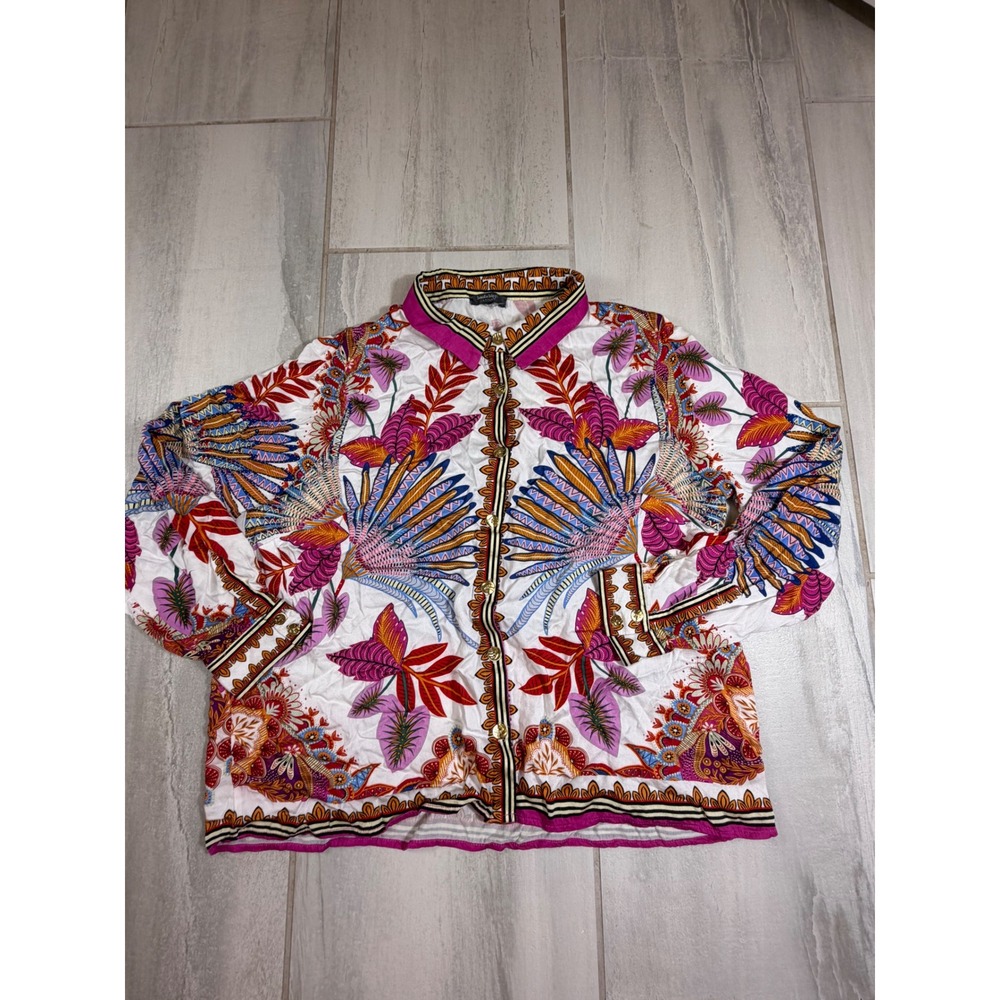 Haute Hippie Style Women Multicolor Tropical Feather Print Rayon Blouse Shirt